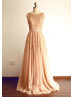 Backless Sheer See Through Back Champagne Tulle Beading Prom Dress
